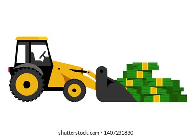 Yellow tractor with money. The concept of corruption or theft. Vector illustration.