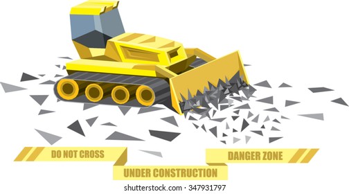 the yellow tractor performs work on cleaning of triangular splinters on a white background