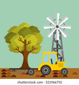 yellow Tractor plowing earth and wind turbine in farm landscape. colorful design. vector illustration