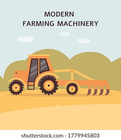 Yellow tractor plowing the field - agriculture machine with plough preparing ground soil for planting. Flat vector illustration of agriculture machinery ploughing.