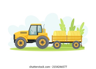 Yellow Tractor Pulling Open Trailer Loading With Hay, Agricultural Farming Machinery Vector Illustration