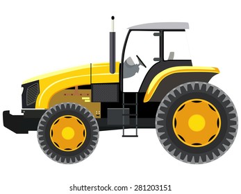 Yellow tractor a side view on white background