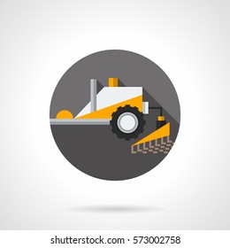 Yellow tractor for tillage. Round flat color style icon