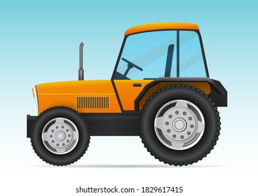 Yellow tractor vehicle vector illustration. Side view of modern farm tractor.