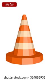 Yellow traffic cone isolated on white background. Icon warning. Low poly style. Vector illustration.