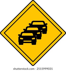 Yellow Traffic Jam Sign. Warning Diamond Road Sign. Car Congestion on the Road. Vector Icon