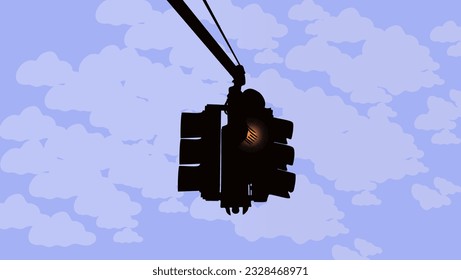 A yellow traffic light with a sky blue background
