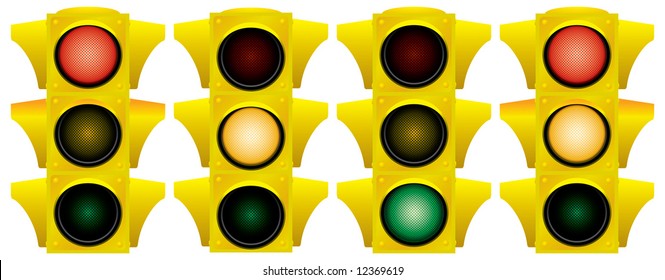 Yellow traffic light. Variants. Vector illustration. Isolated on white background.