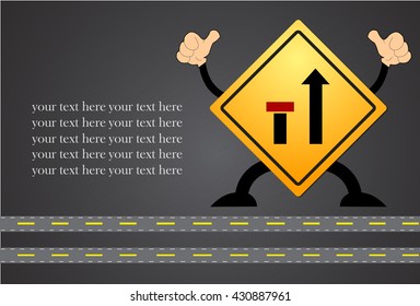 Yellow traffic square shaped Ending Left Lane sign with post