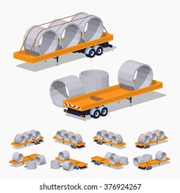 Yellow trailer with concrete rings on it. 3D lowpoly isometric vector illustration. The set of objects isolated against the white background and shown from different sides