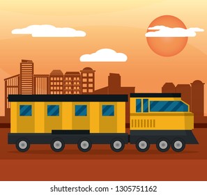 yellow train city sunset