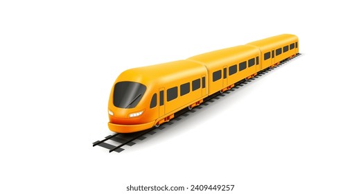 Yellow Train or metro, locomotive on rails. Modern city transport, railway 3d render illustration