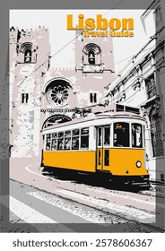 Yellow tram passing by the lisbon cathedral, a travel guide cover representing the city of Lisbon