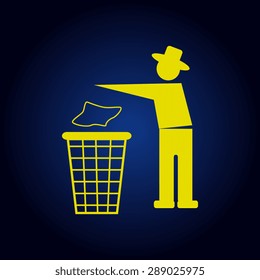 Yellow Trash bin or trash can with human figure symbol in vector on a blue background
