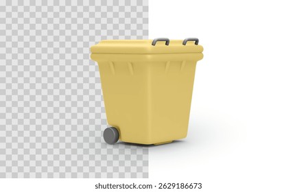Yellow Trash Bin With Closed Lid on Transparent and White Background. Ideal for Plastic Waste, Recycling, or Sanitation Concepts. Clean 3D Style. Vector Illustration.