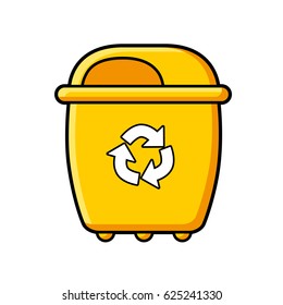 Yellow trash bin isolated with garbage recycling symbol.