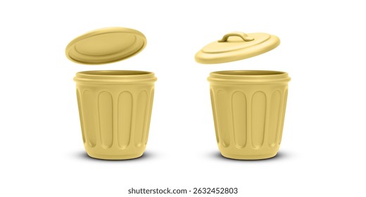 Yellow Trash Bin With Lid Floating Above. Minimal Clean Garbage Container For Waste Sorting, Plastic Recycling, Or Eco Campaign Materials. Vector Illustration