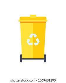 Yellow trash can color icon, vector illustration isolated on white backdrop, black stand, case with lid, trash recycling sign consist of three arrows