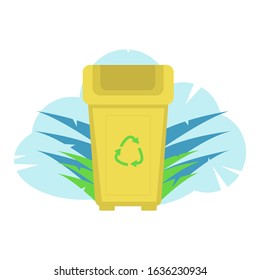 yellow trash can. flat illustration. trash can in grass