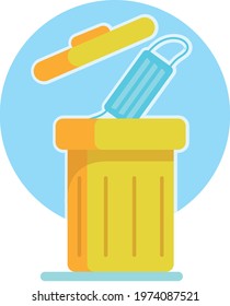 Yellow trash can with a mask. The used protective medical mask will fall into the trash bin. Concept of the end of the pandemic and the COVID-19 disease. Flat illustration clipart isolated on oval