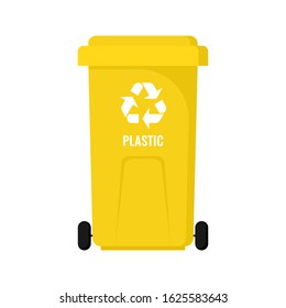 Yellow trash can on wheels for separate sorting of plastic waste, Zero waste concept stock vector illustration on a white background. 