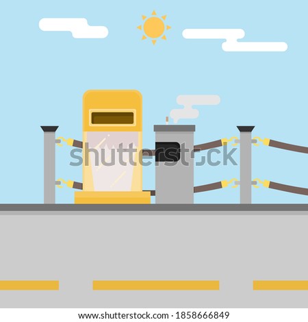 Yellow trash can and stainless trash can with ashtray on roadside in front of a rope fence, flat vector design illustration.