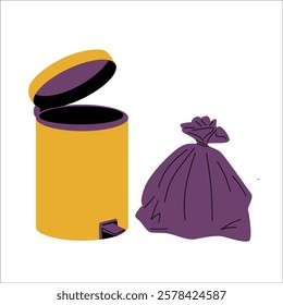 A yellow trash can stands next to a purple trash bag. Waste disposal.