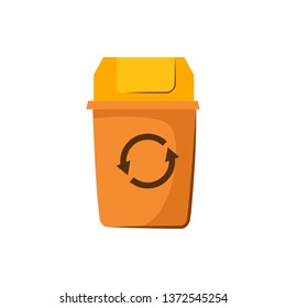 Yellow trashcan with lid. Container for garbage with recycling sign. 