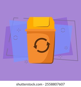 Yellow trashcan with lid. Container for garbage with recycling sign. Vector illustration can be used for topics like rubbish, litter, dustbin