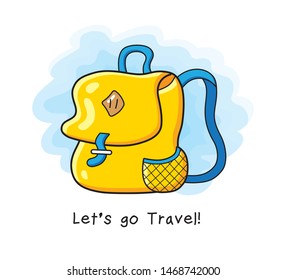 Yellow travel backpack or school bag cartoon illustration