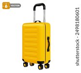 Yellow travel suitcase, cabin luggage. 3D realistic icon, travel concept. Vector illustration