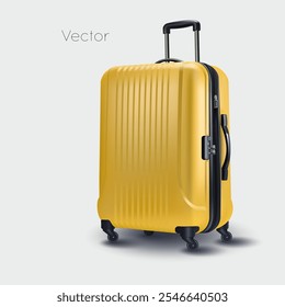 Yellow travel suitcase, cabin luggage. 3D realistic icon, travel concept. Vector illustration