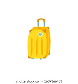 Yellow travel suitcase on casters with a handle. Stock Vector illustration in simple cartoon style. Isolate on white background.