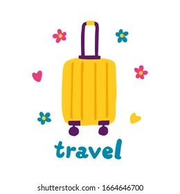 Yellow travel suitcase on wheels, straight view. Travel summer thing, colorful illustration accessory, isolated on white background. Vector