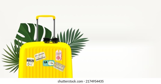 Yellow travel suitcase and palm leaves and paper stickers. Summer travel concept. 3d vector banner with copy space