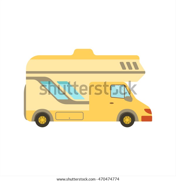 Yellow Travel Van\
Icon. Family Motor home Flat Colorful Car. Micro bus For Family\
Vacation Isolated\
Illustration.