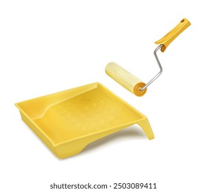 a yellow tray for paint and a paint roller. Vector illustration.