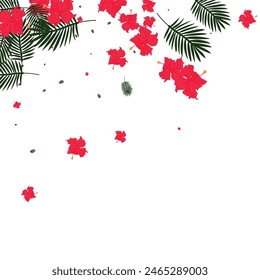 Yellow Tree Background White Vector. Foliage Hawaiian Texture. Green Flower. Fashion Design. Red Drawing Frame.