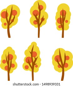 Yellow tree and bush. Element of autumn Park, forest, nature. Wood of different shapes with orange leaves. Cartoon flat illustration. Set of plants