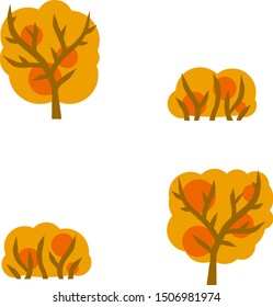 Yellow tree and bush. Element of autumn Park, forest, nature. Wood of different shapes with orange leaves. Cartoon flat illustration. Set of plants