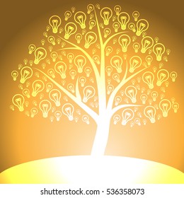 Yellow tree of light bulb icon on yellow background in idea concept