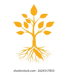 Yellow Tree with Roots on White Background