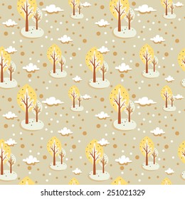 Yellow trees and clouds pattern on beige background