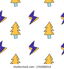 Yellow trees and purple lightning.Seamless pattern. White background. Bright colors of the elements. 