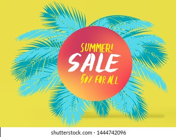 Yellow trendy poster with palm leaves and handdrawn text "Summer Sale". Modern gen-z yellow color, brush pen calligraphy composition.