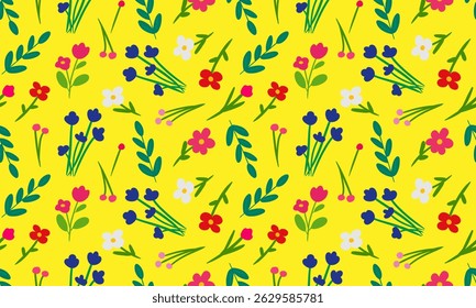 gelb trendy nahtloses Muster mit einfachem floralem Design, einfach bemalten Blumen, heller Hintergrund für Web-Textil-Design
