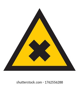 Triángulo amarillo, cruz negra. Sustancia tóxica. Signo de peligro de advertencia. Aislado sobre fondo blanco