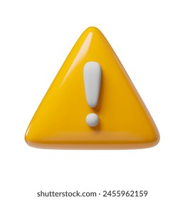 Yellow triangle button with exclamation point 3d icon. Warning, attention, secure signal caution or error mark realistic symbol three-dimensional rendering vector illustration