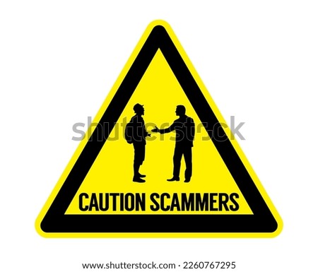 Yellow triangle Caution Scammers sign, tourist trap warning sign, two people silhouette  