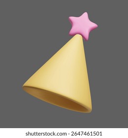 Yellow triangle cone hat with pink star pom pom 3D style vector icon isolated on dark. Happy birthday celebration, surprise party hat, circus clown cone cap, magician wizard star hat 3D vector.